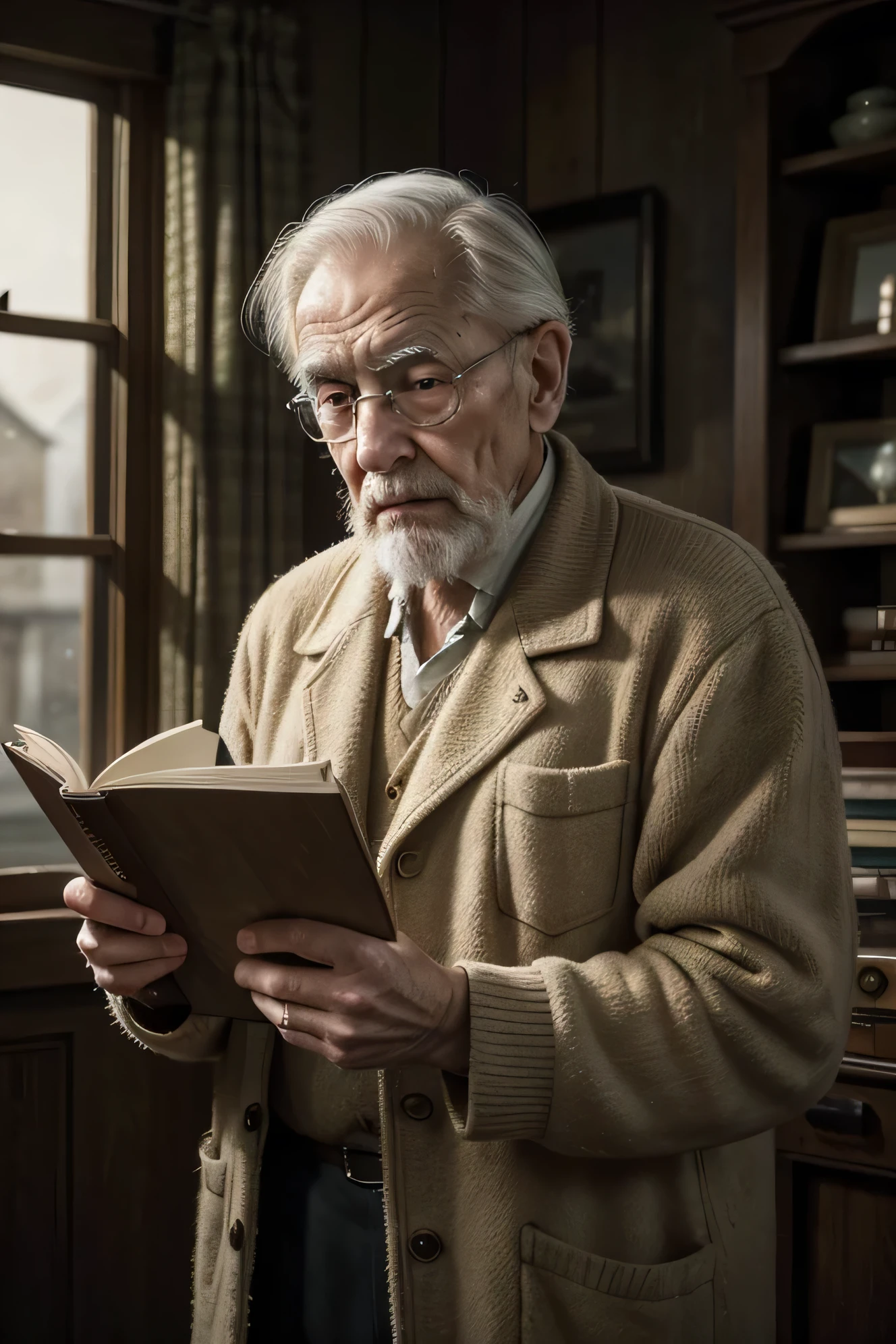 an old man reading a poem to a , 1940s, old man with wrinkled face, kind expression, listening intently, cozy indoor scene, warm lighting, sepia toned, vintage feel, cinematic composition, masterpiece, realistic, photorealistic, detailed painting, hyper detailed, award winning, intricate details, natural skin tones, dramatic lighting, beautiful colors, cinematic lighting, high quality, ultra detailed standing in front of him paying attention to the poem