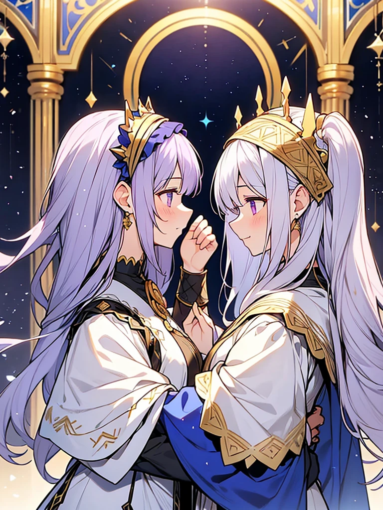 2people,face to face,from side,
//
1of2=Ishtar,silver hair,dress of gold and lapis lazuli,
//
2of2=Ninshubur,maid uniform frilly headband,light purple hair,