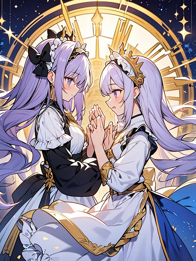 2people,face to face,from side,
//
1of2=Ishtar,silver hair,dress of gold and lapis lazuli,
//
2of2=Ninshubur,maid uniform frilly headband,light purple hair,