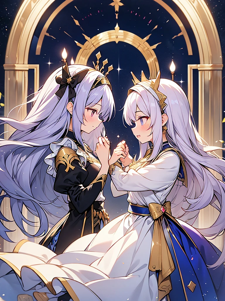 2people,face to face,from side,
//
1of2=Ishtar,silver hair,dress of gold and lapis lazuli,
//
2of2=Ninshubur,maid uniform frilly headband,light purple hair,