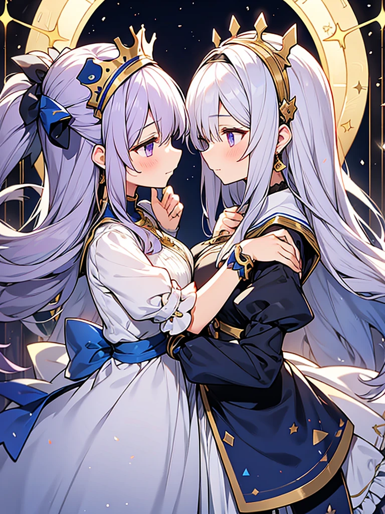 2people,face to face,from side,
 // 
1of2=Ishtar,silver hair,dress of gold and lapis lazuli,
 // 
2of2=Ninshubur,maid uniform frilly headband,light purple hair,