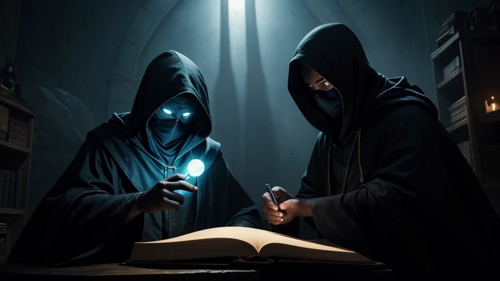 a wizard with his face covered by the shadow of his hood experimenting with various glowing potions inside a dark, foggy room, rodeado de livros.