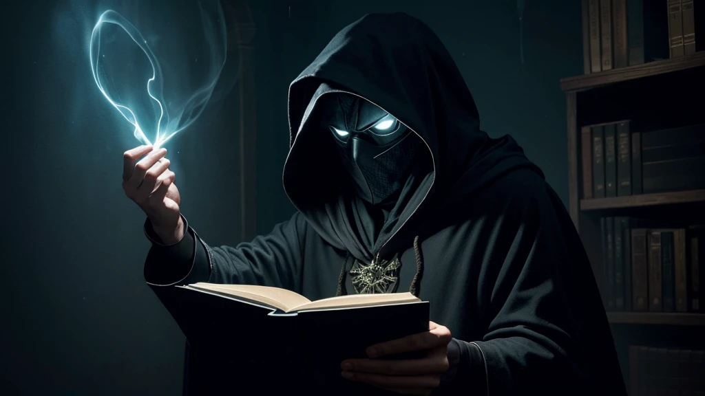 a wizard with his face covered by the shadow of his hood experimenting with various glowing potions inside a dark, foggy room, rodeado de livros.