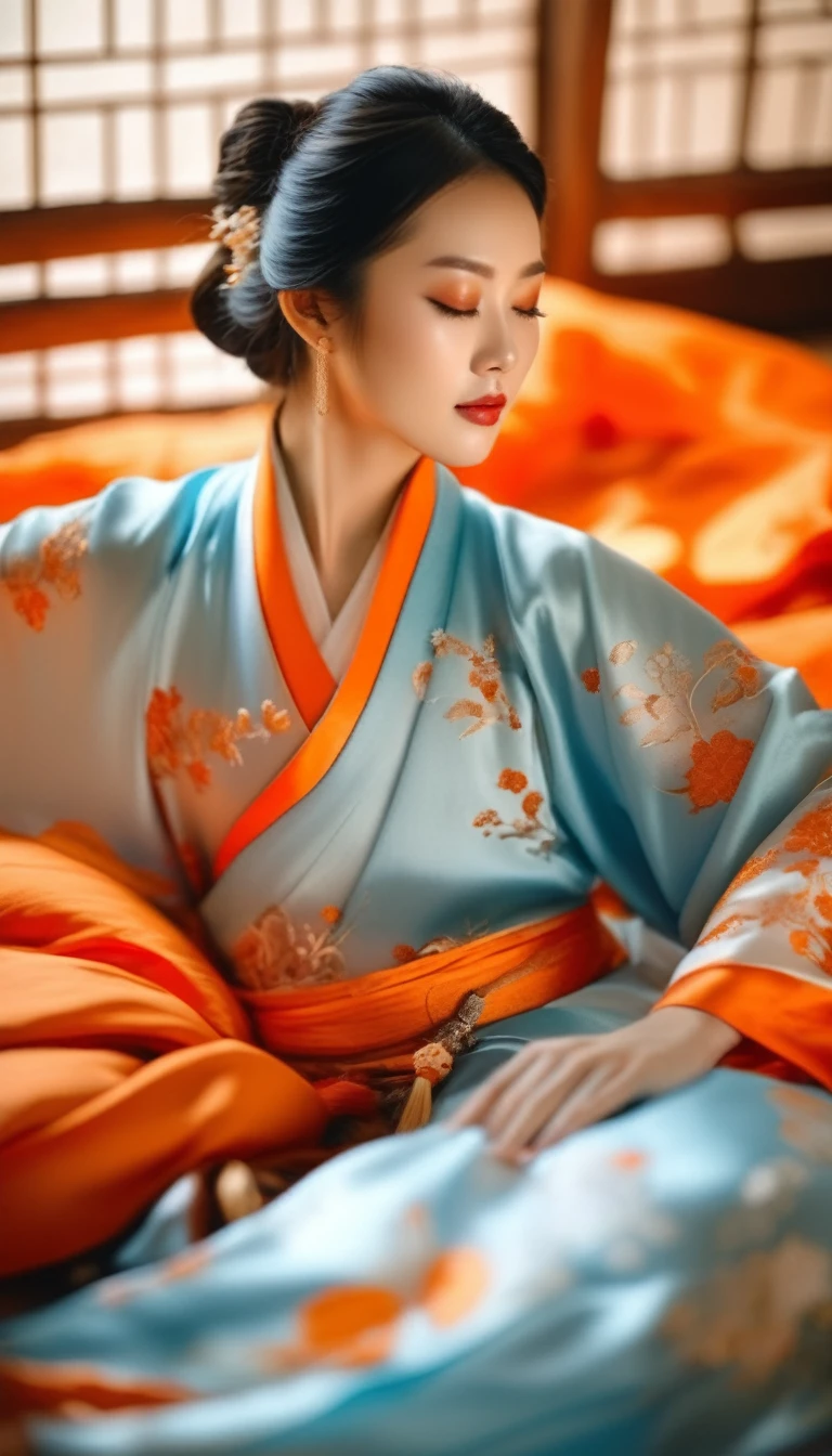 Beautiful Chinese girl wearing light blue and orange Hanfu, Lying in bed，Close your eyes, Warm colors, ultra hd photography, Close-up of chest from waist up, Soft lighting, Natural Environment, Rich details, Elegant Movement, Mysterious atmosphere. in the style of Natural Environment.