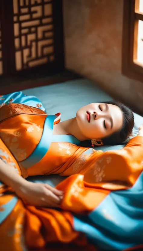 beautiful chinese girl wearing light blue and orange hanfu, lying in bed，close your eyes, warm colors, ultra hd photography, clo...