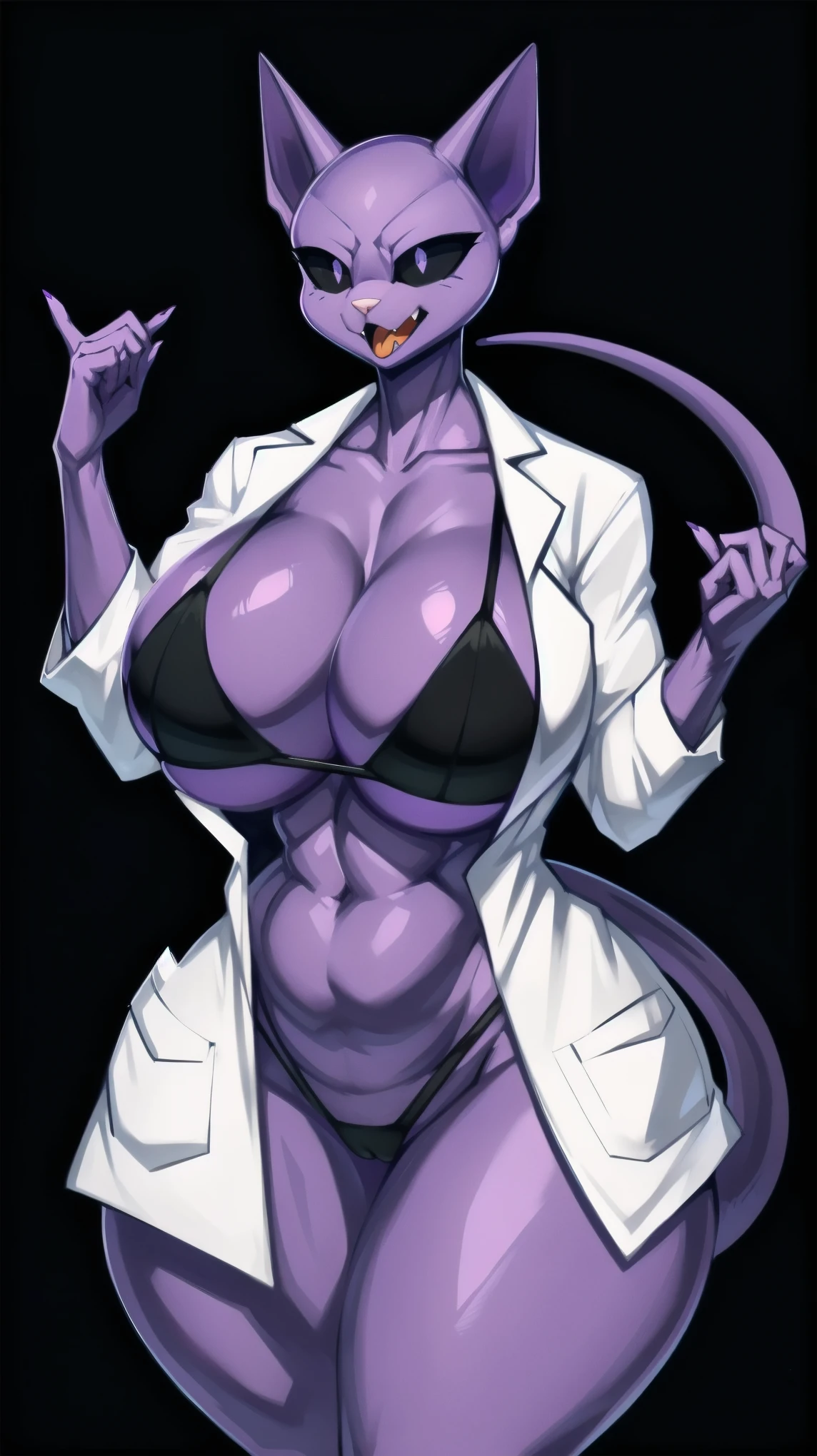 ((((black microbikini:1)))) bikini((made by zackary911:1 art style)), ((adorable cute evil cat face)), (colors her skin and face purple:1), focus on the female furry cat, ((tall and strong cat female body)), ((superiority and perfect body) ), ((female bald cat face dressed only in a white scientist's lab coat and a black Micro Bikini :1)), ((no hair anywhere on her body, no skin, total baldness, baldness:1)), masterpiece, Best quality, purple body and face color, a furry and feminine woman is a cute cat with purple hair, orange cat tongue, no hair anywhere on her body, pink cat nose, bare skin, big thighs, big tits and natural, big breasts, ((Hourglass figure)), (1.4), huge , thick, thick body, sexy massive female, Perfect body, big breasts, big ass, Perfect body, masterpiece, Best quality, full figure, voluptuous SEXY body, smooth. Perfect, athletic body, purple nipples, large oval eyes with black sclera and white pupils, orange tongue, ((purple inside her cat ears)), light pink cat nose, black and white eyes, ((long tail of dark purple color)), purple vagina, ((completely smooth face)), ((violet female sphinx cat face)), ((sphynx cat head)), orange cat tongue, adorable face, ((Cute face)), voluptuous cat woman, ((white scientist lab coat)), furry cat with an happy face expression, ((very evil face)), evil face, venus Perfect body, ((only 2 cat ears Normal purple, no hair on the head:1)), purple nipples, completely, high quality, masterpiece, adorable and sexy, Beautiful adorable Perfect body, violet color of the body and the face, big black eyes with white iris, cat mouth, cat teeth, bald body, on a romantic date, ((made by art style zackary911:1)