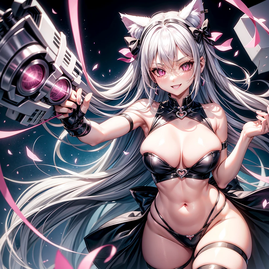 Silver hair, pink eyes, body, cat ears, adult girl, earrings, holding cats, hair bows, happy face, thigh up 