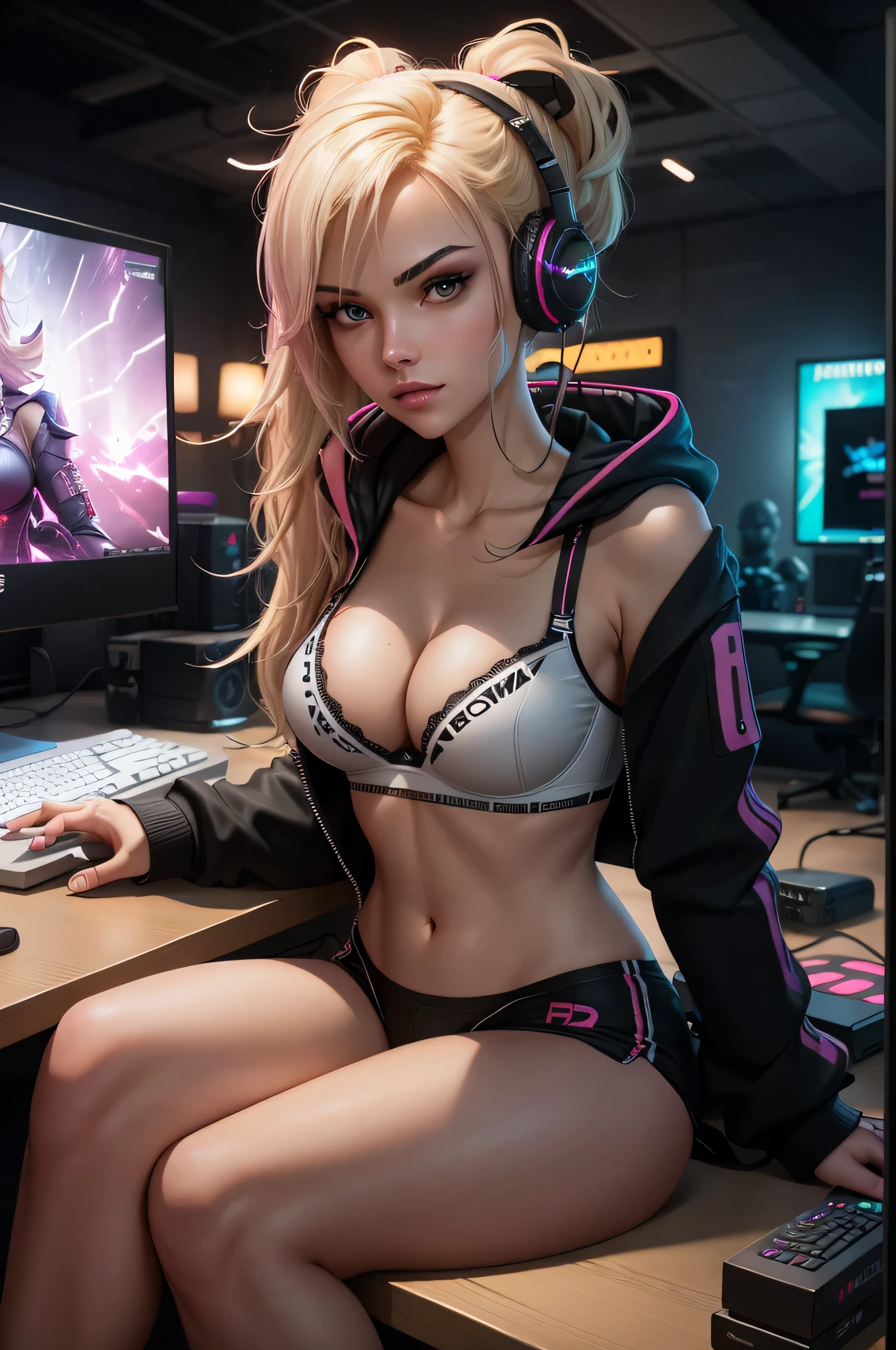 dynamic pose, dynamic angle, edgy and gritty. sexy, dark, emo girl.
1girl, dark room, gamer girl photo from below desk, dark hoodie, blonde, large white gamer headphones, small breasts, 
Sitting at computer desk, multiple monitors, streamer setup. holding game pad, joystick, game controller.
white top:1.2, cleavage, pink bra:1.2, top does not fully cover the pink bra, bra visible a bit, (masterpiece, best quality), (detailed skin:1.2, detailed face:1.2), 
dslr, realistic, looking at monitor, sharp focus, delicate, soft colors, cinematic lighting,
pigtails. perfect face, perfect skin