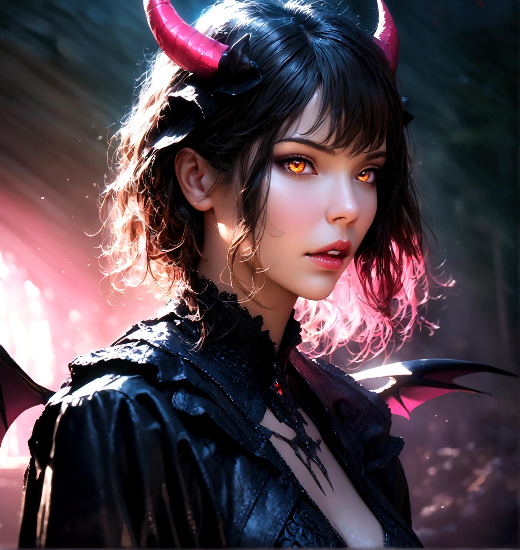 succubus girl, beautiful detailed eyes, beautiful detailed lips, extremely detailed face and features, long eyelashes, horns, demon wings, gothic dark fantasy, dark moody, dramatic lighting, dramatic pose, intricate ornate details, chiaroscuro lighting, cinematic composition, dramatic colors, moody colors, deep shadows, dramatic atmosphere, (best quality, 8k, highres, masterpiece:1.2), ultra-detailed, (realistic, photorealistic, photo-realistic:1.37), professional, vivid colors, dramatic lighting