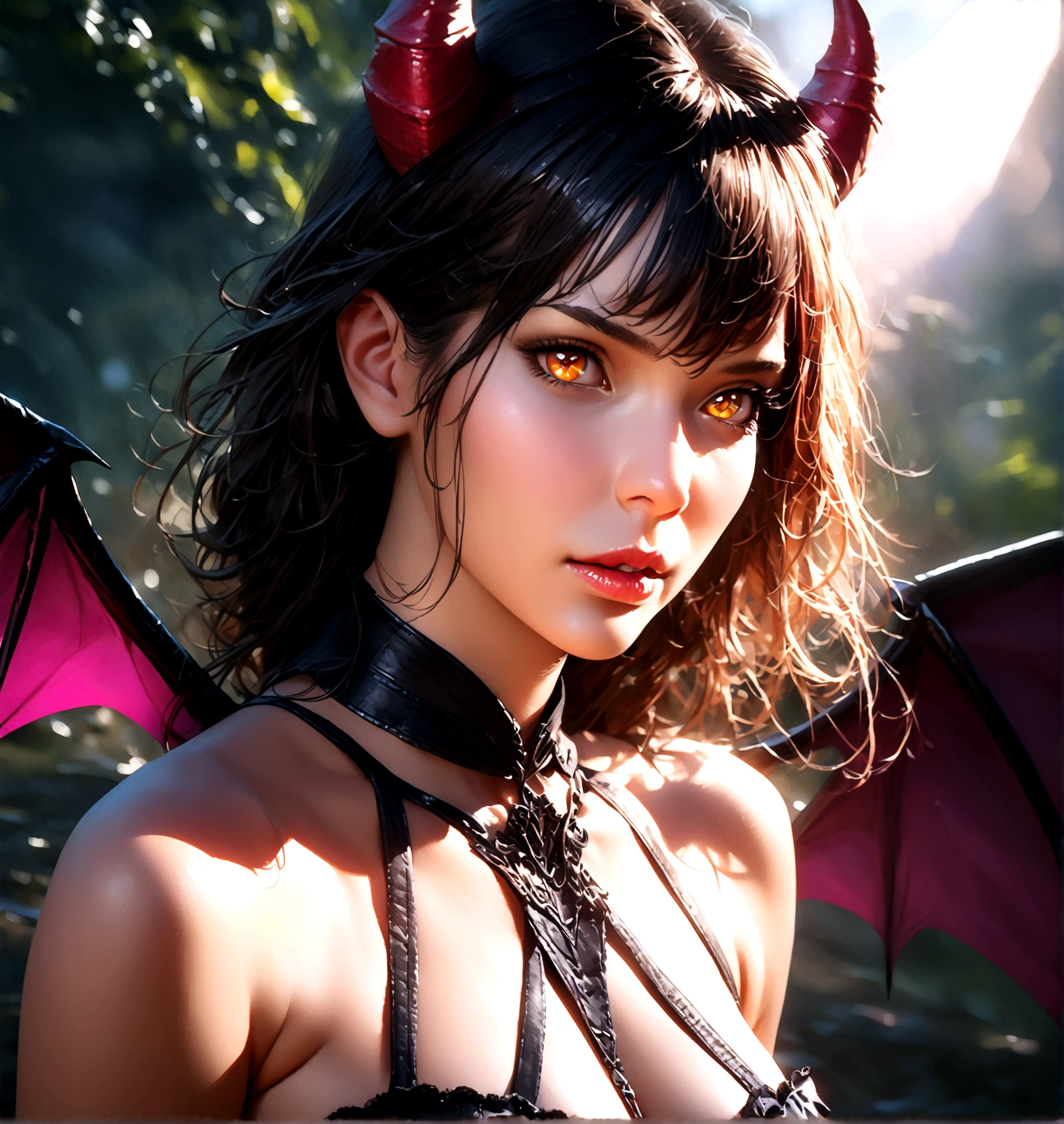 succubus girl, beautiful detailed eyes, beautiful detailed lips, extremely detailed face and features, long eyelashes, horns, demon wings, gothic dark fantasy, dark moody, dramatic lighting, dramatic pose, intricate ornate details, chiaroscuro lighting, cinematic composition, dramatic colors, moody colors, deep shadows, dramatic atmosphere, (best quality, 8k, highres, masterpiece:1.2), ultra-detailed, (realistic, photorealistic, photo-realistic:1.37), professional, vivid colors, dramatic lighting