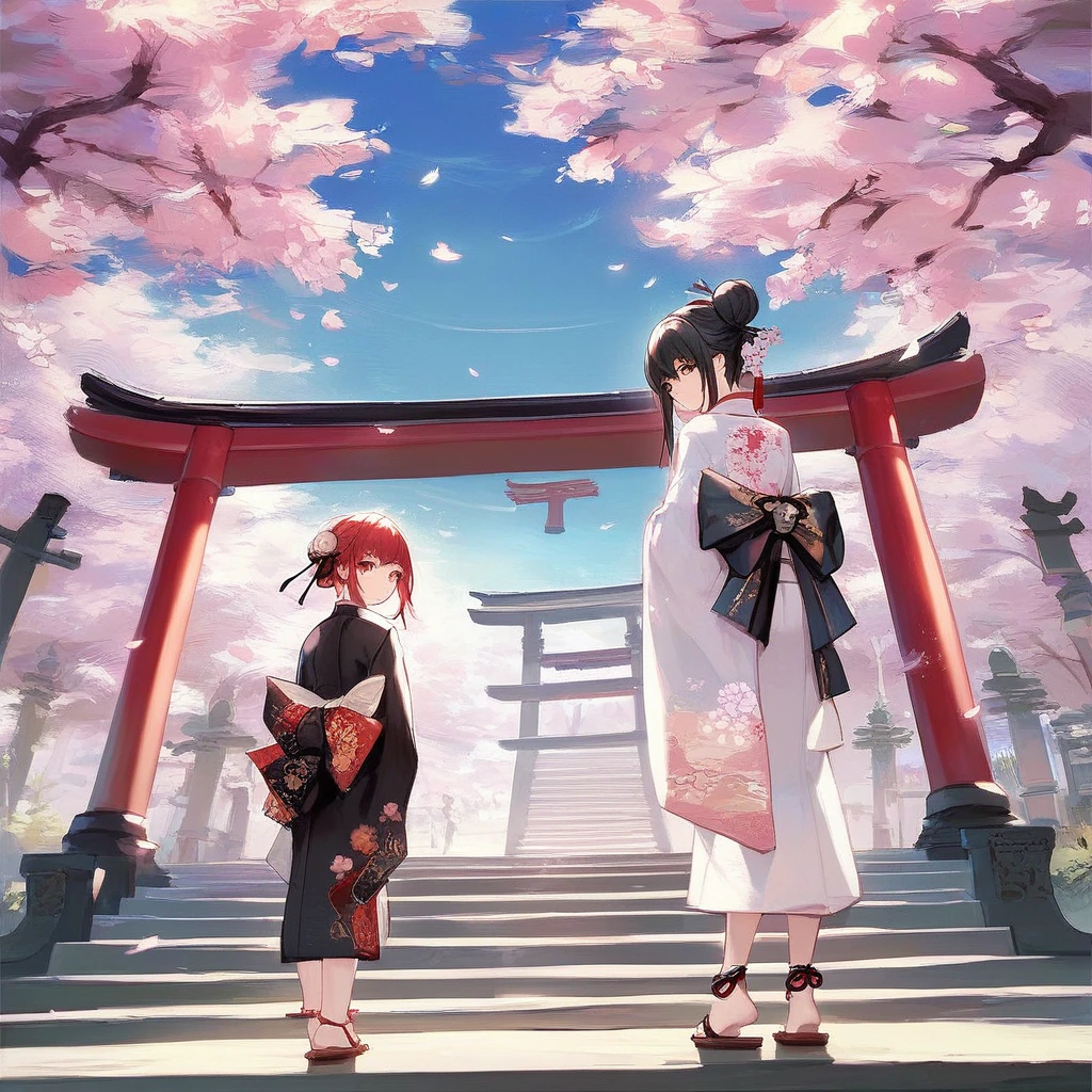 ((masterpiece,best quality)),1 boy, black kimono, black legwear, black ribbon, black hair, cherry blossoms, day, flower, hair bun, hair ribbon, japanese clothes, kimono, long hair, looking at viewer, looking back , multiple girls, belts, outdoors, red eyes, red hair, ribbon, sandals, single bun, stairs, standing, statue, torii, tree, white kimono, yellow eyes