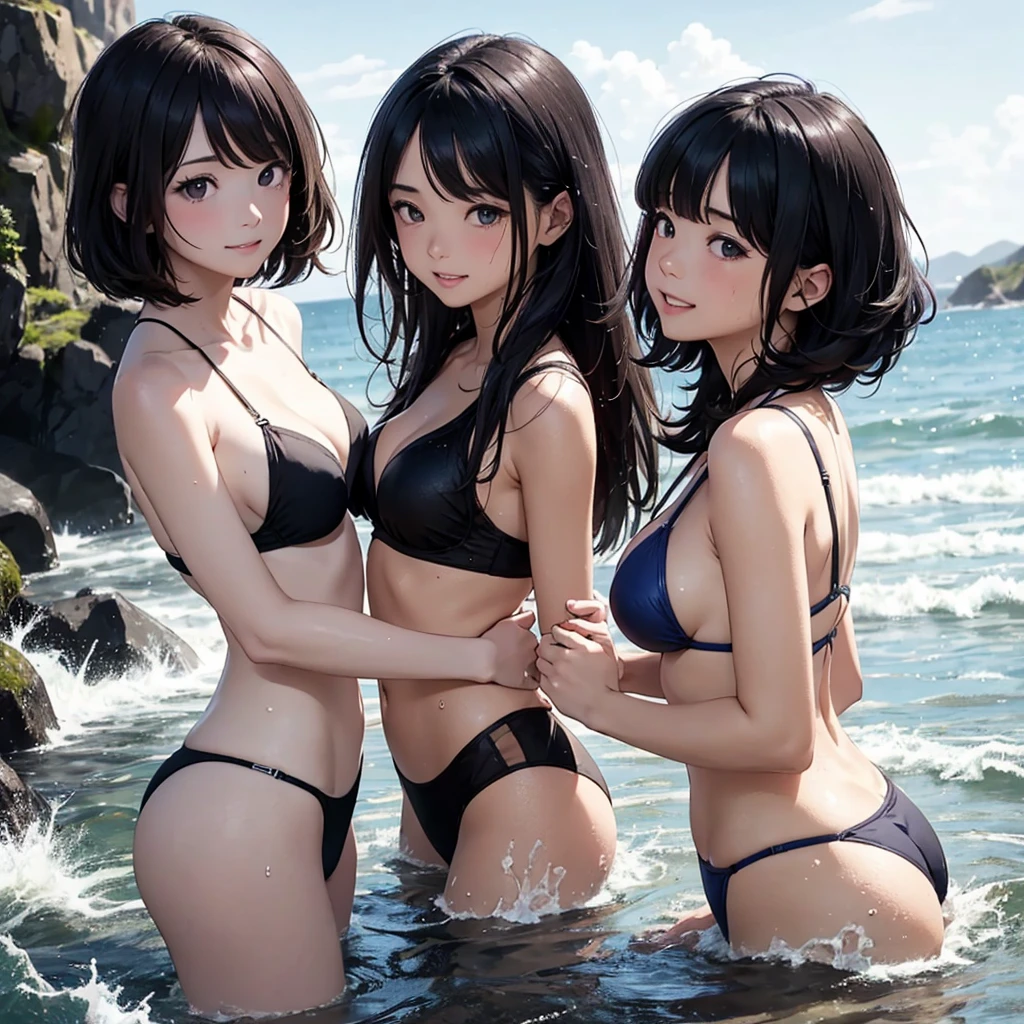 high resolution。High resolution、Low - Angle、masterpiece、Beautiful black-haired girls、cute、Colorful micro bikinis、Girls huddling together、A girl with long hair and a girl with short hair、Dark Eyes、Bright smile、White teeth、Black shiny hair、color々Pause、Wet black hair、Your body is wet、Seaside。sweating、high resolution8K