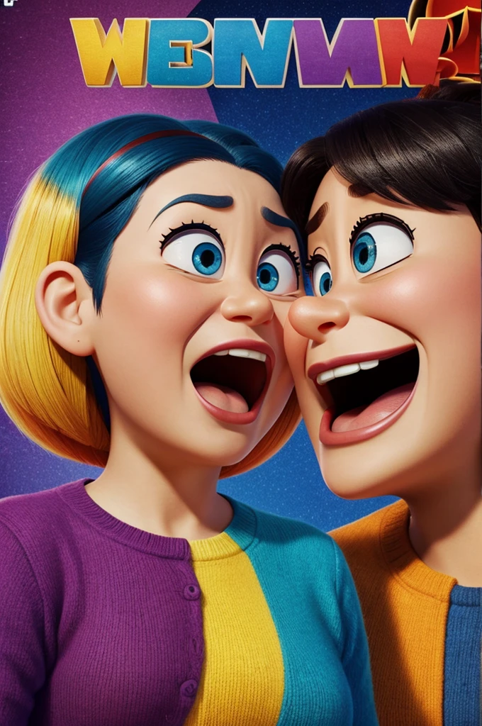 Pixar style poster of the emotions of intensely amazed because a new emotion arrives and that emotion is gossip