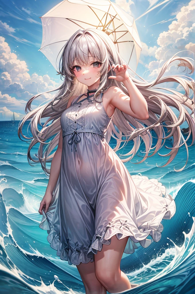 masterpiece, highres, beautiful landscape, high detailed, 1 girl, mid-ground character, beach, studio light, depth of field. The girl stands on the beach with her colorful umbrella, looks at viewer with a smile. She ưears a white beautiful dress, her hair blows in the wind. The landscape is peaceful and serene. Mildly clouds, floating clouds, light clouds, billowing clouds. The sunlight glistens on the surface of the sea. The waves of the sea gently lap against the shore, creating a serene and soothing sound.