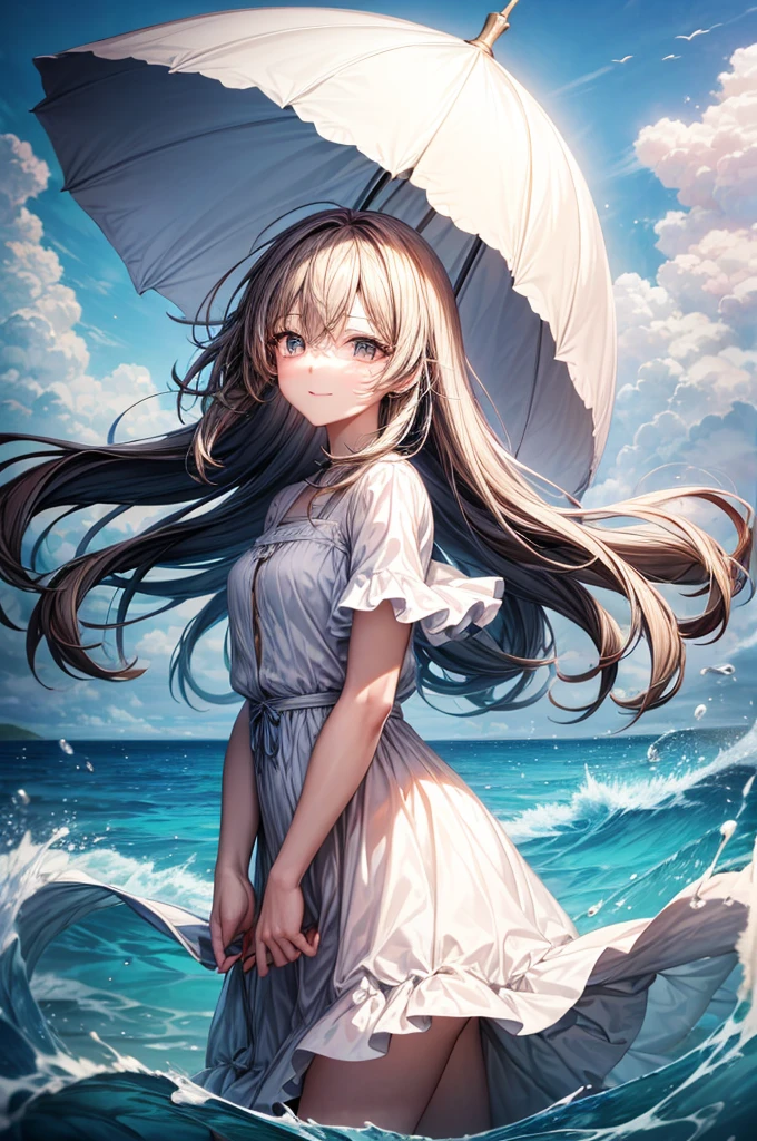 masterpiece, highres, beautiful landscape, high detailed, 1 girl, mid-ground character, beach, studio light, depth of field. The girl stands on the beach with her colorful umbrella, looks at viewer with a smile. She ưears a white beautiful dress, her hair blows in the wind. The landscape is peaceful and serene. Mildly clouds, floating clouds, light clouds, billowing clouds. The sunlight glistens on the surface of the sea. The waves of the sea gently lap against the shore, creating a serene and soothing sound.