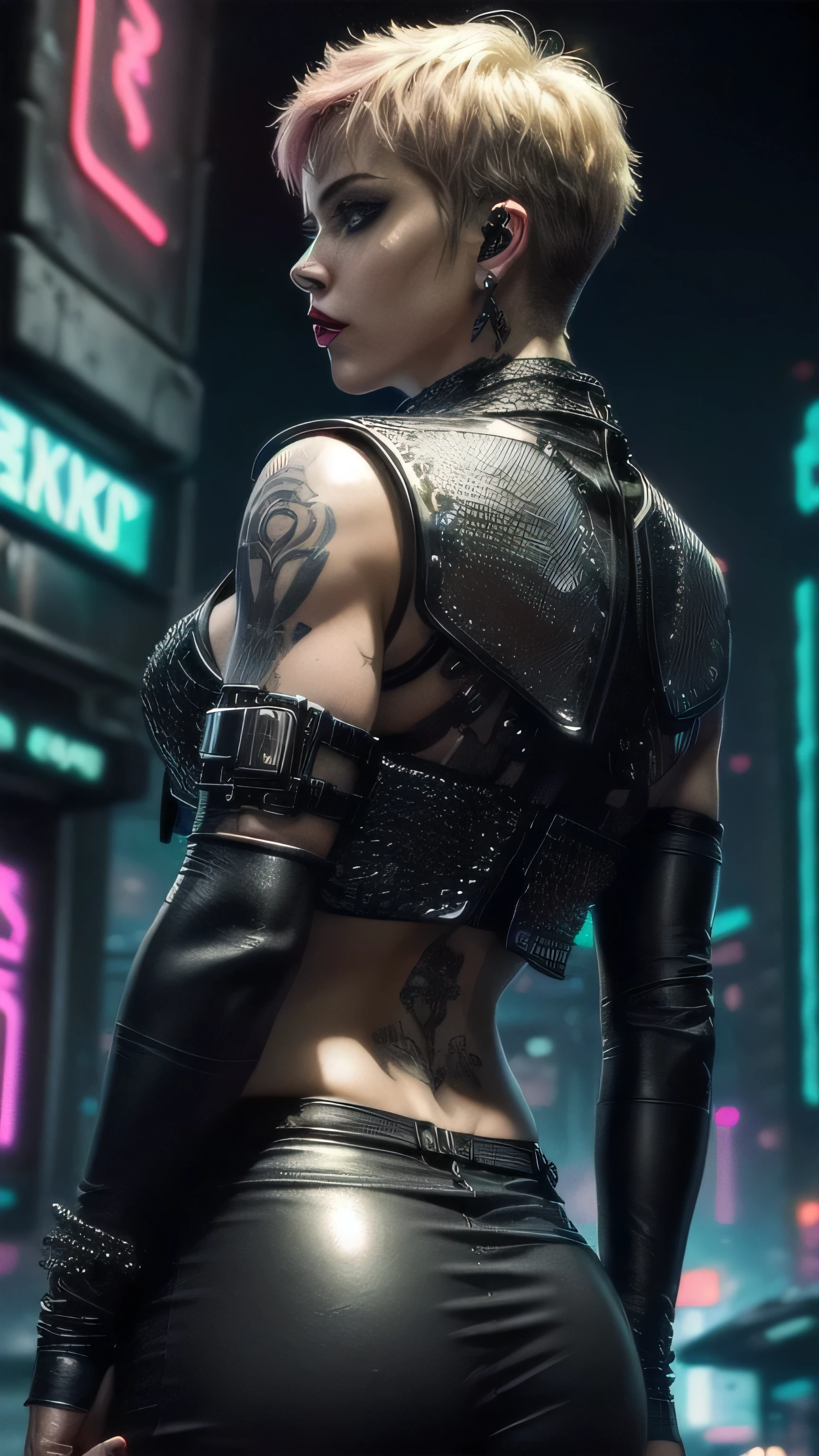(masterpiece, photorealistic:1.4, extremely intricate:1.3, radiosity, photon mapping, dtx), muscular bodybuilder girl, (((short undercut [blonde hair:pink hair:0.7], [flat chest:large breasts:0.6], upper body, makeup:1.6, leather pants, (perfectchainmail black duster vest), red lips, neon night, darkness, shadow, tattoo:1.4, rear view))), outdoors, metal reflections, ((((futuristic cyberpunk street, dangerous)))), professional photograph, (film grain, bokeh, depth of field), 8K