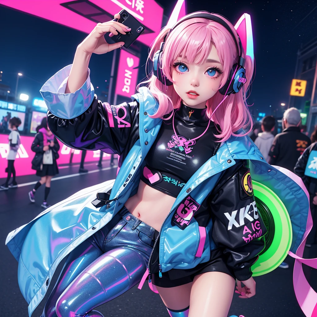 Transparent color PVC clothing, Transparent Color Vinyl Clothing, Prismatic, Holographic, chromatic aberration, Fashion Illustration, masterpiece, Harajuku fashion girl, View your viewers, 8K, Super detailed, Pixiv,((Wearing headphones))(Neon-lit night view)