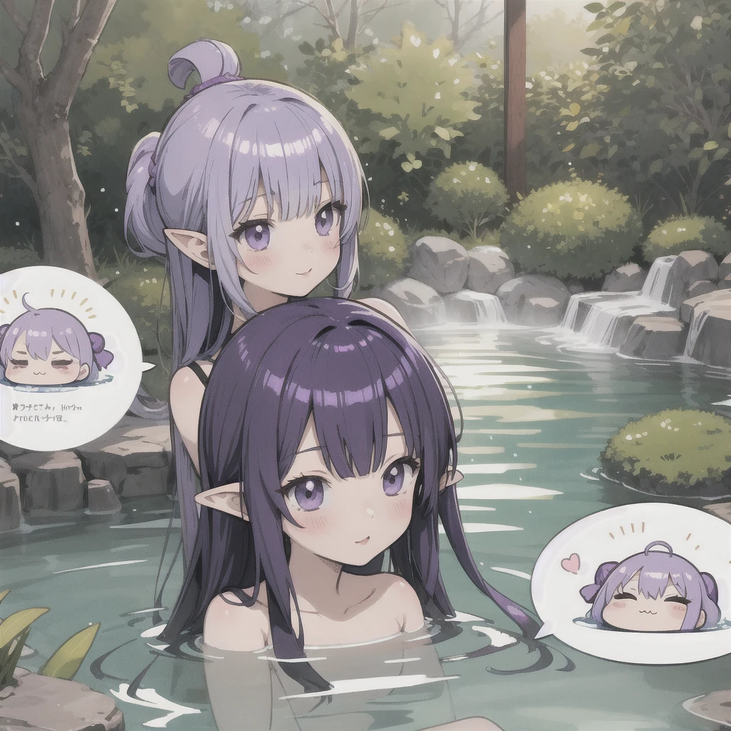 anime girl long purple hair {{Soak in a hot spring}}. she has pointy ears. Manga kawaii. iridescent ,An illustration