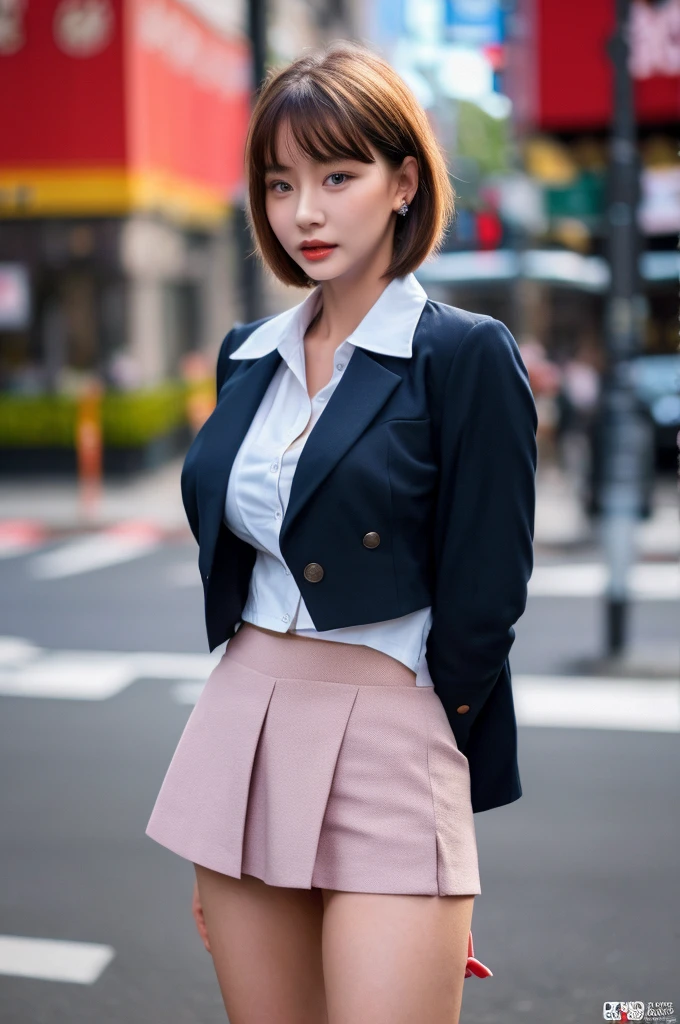 a 19 year old face of the most beautiful actress in the world, the perfect body proportions of a female, buttoned blazer on shirt is tight thanks to being forced to be worn on the large breasts of a female, worn panties between bare legs are almost seen thanks to worn skirt is too short, short hair cut to just above the ears, standing, at city street, large breasts of a female, nsfw, best quality, highly detailed, masterpiece, ultra high res, photo realistic, 8k