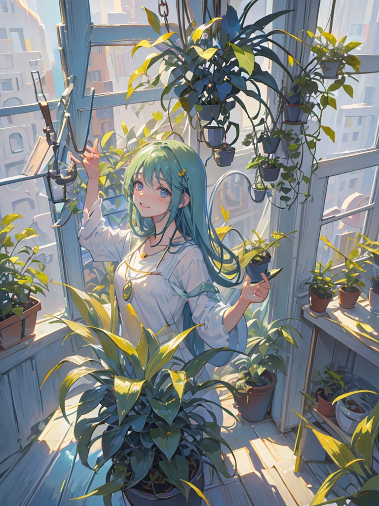Greeting with a friendly smile, Many pendant lights, Foliage plant, Lots of windows