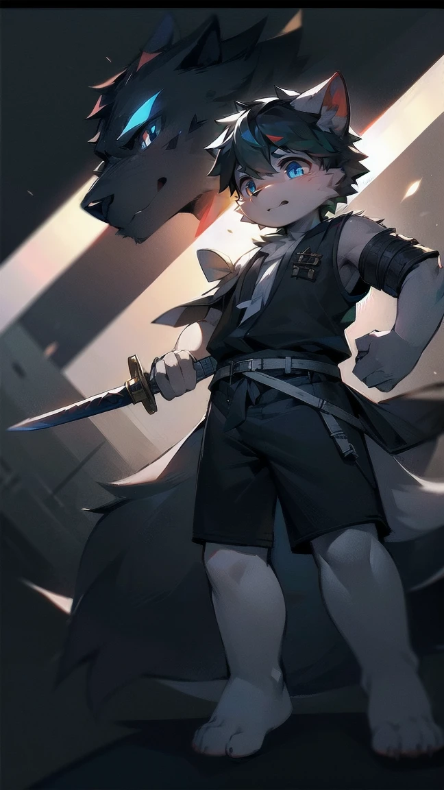 White Wolf，black hair，Sky blue eyes，hairy，Wolf ears，Wolf tail，Full body portrait，The character is in the center of the frame，Handsome，Confident eyes，male，juvenile，Black and white combat uniform，Red neck bib，Black shorts，Short sleeve，hairy arms and legs，Dark background，Dark battlefield，dawn，sunrise，dawn，illumination，shadow，Swordsman，Scabbard and sword，Hold the hilt of a sword in your hand，The scabbard is at the waist，Highest quality