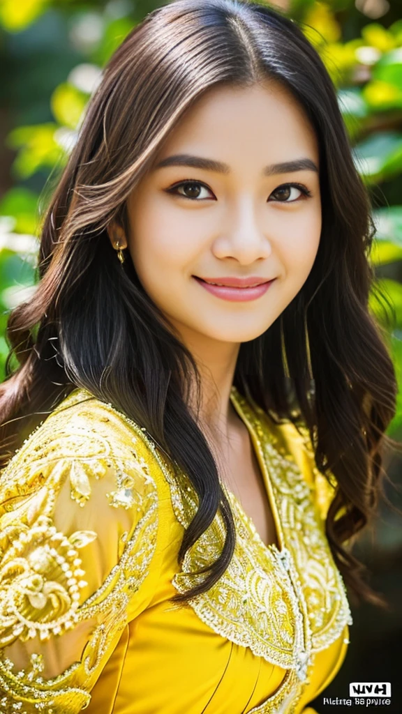 Indonesian girl, 18 years old, (masterpiece), Javanese skin tone, best quality, expressive eyes, perfect face, (ultra realistic), (yellow Formal Suit), Smile, Long Black Hair, innocent face, natural wavy hair, brown eyes, High resolution, masterpiece, Best quality, intricate high detail, highly detailed, focus sharp focus, detailed skin, realistic skin texture, texture, detailed eyes, professional, 4K, charming smile, filmed on Canon, 85 mm, shallow depth of field, Kodak Vision Color, perfect fit body, Extremely detailed, photograph_\(ultra\ ), photoreallistic, Realstic, Post-processing, Maximum details, roughness, real life, ultra realist, photorealism, photography, 8K UHD, photography