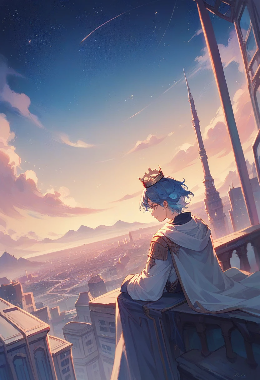 sky, Star (sky), scenery, Starry sky, evening, 1 girl with blue hair and crown,evening sky, Alone, outdoor,, wide, City