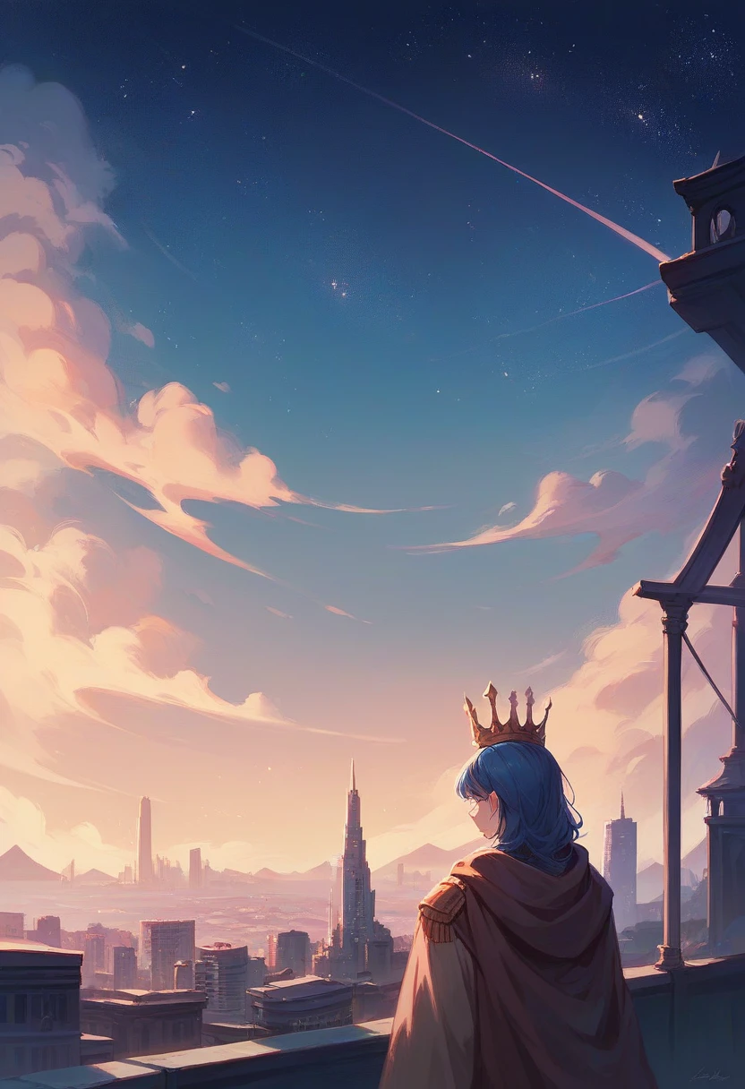 sky, Star (sky), scenery, Starry sky, evening, 1 girl with blue hair and crown,evening sky, Alone, outdoor,, wide, City