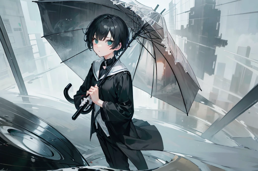 boy,college age, expressionless, heterochromia ,{(emerald odd eye) ,( black odd eye)}, black short hair,casual clothes
rain,skyscraper,(vinyl umbrella),night,独奏,Looking up at the sky,Wide Angle,from above,drop shadow,puddle,water,reflection