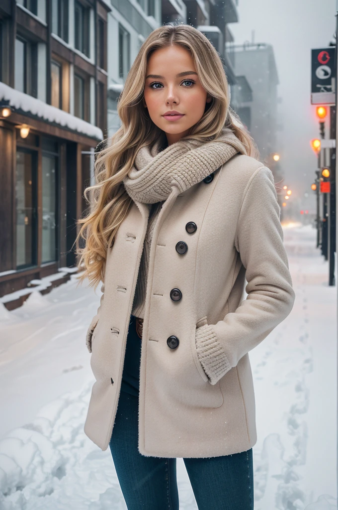 professional portrait photograph of a gorgeous Norwegian girl in winter clothing with long wavy blonde hair, sultry flirty look, gorgeous symmetrical face, cute natural makeup, wearing elegant warm winter fashion clothing, ((standing outside in snowy city street)), stunning modern urban environment, ultra realistic, concept art, elegant, highly detailed, intricate, sharp focus, depth of field, f/1. 8, 85mm, medium shot, mid shot, (((professionally color graded))), bright soft diffused light, (volumetric fog), trending on instagram, hdr 4k, 8k