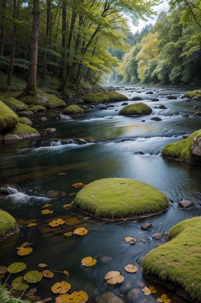 a simple river with moss-covered stones, serene landscape, idyllic nature scene, tranquil atmosphere, golden hour lighting, lush greenery, reflected clouds, still water, peaceful ambiance, warm color palette, photorealistic, highly detailed, cinematic composition, masterpiece
