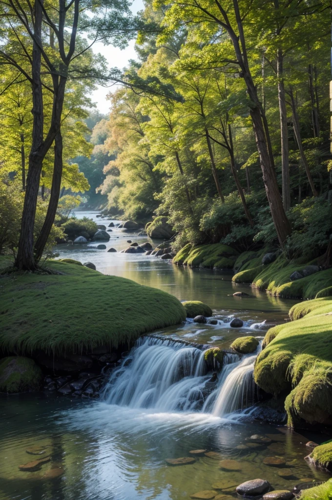 a simple river with moss-covered stones, serene landscape, idyllic nature scene, tranquil atmosphere, golden hour lighting, lush greenery, reflected clouds, still water, peaceful ambiance, warm color palette, photorealistic, highly detailed, cinematic composition, masterpiece