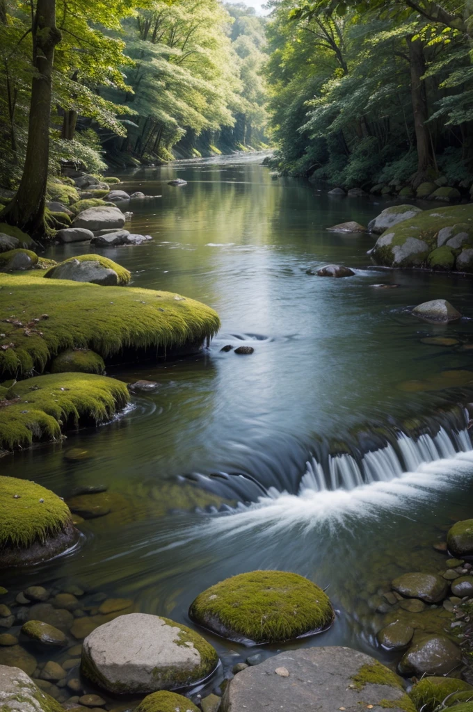 a simple river with moss-covered stones, serene landscape, idyllic nature scene, tranquil atmosphere, golden hour lighting, lush greenery, reflected clouds, still water, peaceful ambiance, warm color palette, photorealistic, highly detailed, cinematic composition, masterpiece