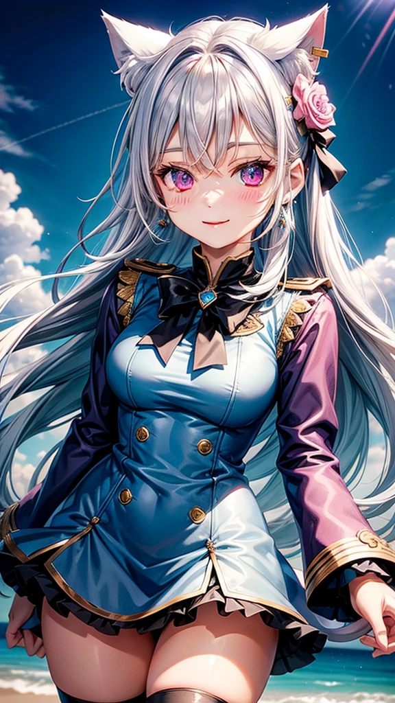 Silver hair, pink eyes, body, cat ears, adult girl, earrings, flower sky background, aqua blue gold uniform, hair bows, happy face, thigh up, holding cat