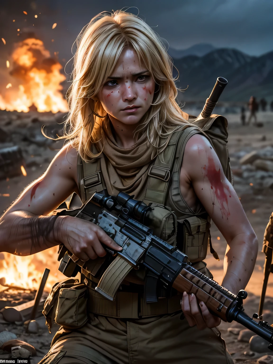 Helen Skelton, Afghanistan, close-up action shot from ground level, naked Taliban fighter, frowning, sweating, damp blonde hair, bloodied and bruised, holding AK47, on a bloody battlefield, explosion, fires
