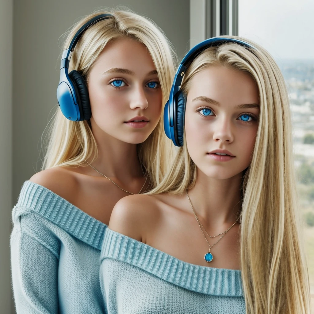 One Girl, Age 1５age, alone, Long Hair, huge , View your viewers, Blonde, Bare shoulders, Blue eyes, gem, whole body, necklace, Off the shoulder, sweater, Realistic, Sexy、headphone,