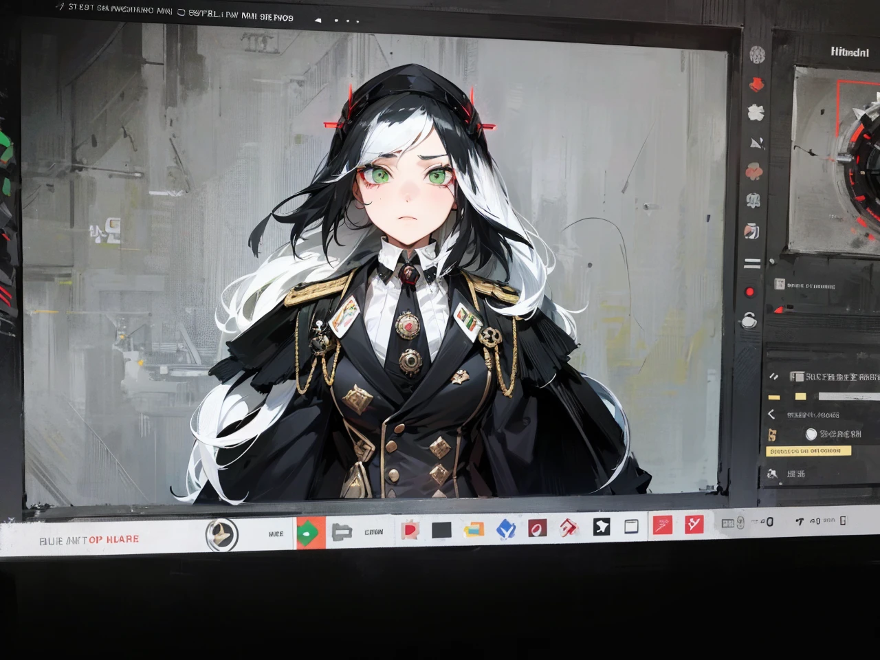 a millitary general with black and white hair, a red and green clockwork eyes.