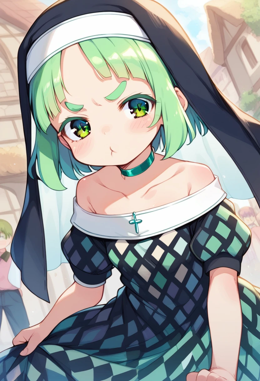 score_9, ,score_7_up, score_6_up, 1girl, source_cartoon, source_anime,breathtalking Scenery,watercolor,smooth soft skin, natural skin,vum
BREAK
(loli:1.4),(little female child:1.4), small breast,cute face, (loli toddler:1.1), 6 yo,kawaii, (highlight on eyes), (jiggly:0.8), shiny skin,beautiful eyes, detailed eyes, puffy eyes,
BREAK
(medium green hair:1.3),(green maro eyebrows:1.6),pouty and slightly grumpy,(pout:1.2), ::(, (jitome),(frown:0.6),white streaked hair, green eyes,
BREAK
from behind, behind shot,flower point nun dress, (pastel veil:1.2),choker,nun,excessive detailed collarbone,exposed collarbone, dynamicangle,
BREAK
As the cultural festival unfolded, the picturesque setting of the old town, with its cobblestone streets and ancient architecture, seemed to transport us back in time