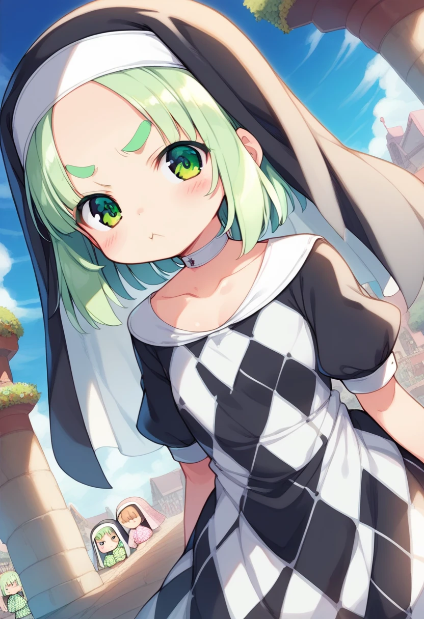 score_9, ,score_7_up, score_6_up, 1girl, source_cartoon, source_anime,breathtalking Scenery,watercolor,smooth soft skin, natural skin,mjm
BREAK
(loli:1.4),(little female child:1.4), small breast,cute face, (loli toddler:1.1), 6 yo,kawaii, (highlight on eyes), (jiggly:0.8), shiny skin,beautiful eyes, detailed eyes, puffy eyes,
BREAK
(medium green hair:1.3),(green maro eyebrows:1.6),pouty and slightly grumpy,(pout:1.2), ::(, (jitome),(frown:0.6),white streaked hair, green eyes,
BREAK
from behind, behind shot,diamond pattern nun dress, (pastel veil:1.2),choker,nun,excessive detailed collarbone,exposed collarbone, dynamicangle,
BREAK
As the cultural festival unfolded, the picturesque setting of the old town, with its cobblestone streets and ancient architecture, seemed to transport us back in time