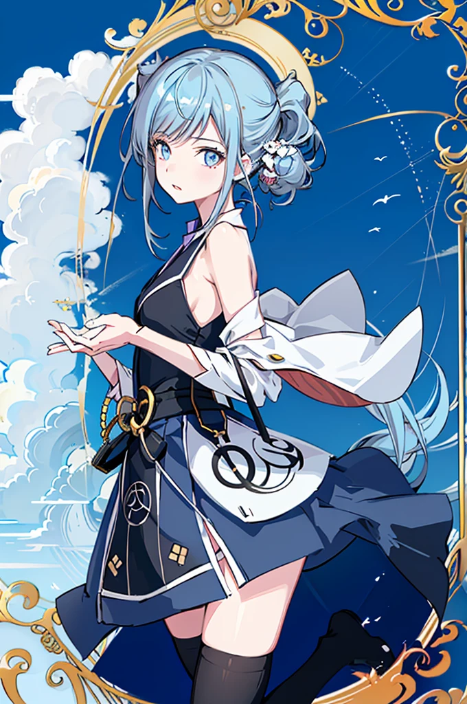 1girl, solo, outdoors, long hair, holy place, Original,(Illustration:1.1),(Best Quality),(masutepiece:1.1),(the Extremely Detailed CG Unity 8K Wallpapers:1.1), (Colorful:0.9),(mid-shot:0.95),(extremely detailed beautiful face),(Solo:1.2), (girl),(((Lori))), (Detailed beautiful eyes:1.15), (Beautiful face:1.15), (Glowing blue eyes:1.25////),(((sky blue Long Hair))),(two side up),(+perfect hand+:1.21),(Draw illustration of Japan priestess costume),(slender),(White pleated skirt),(Gothic),((black thighhighs)),(frilld),(Beautiful Slender Lolita Girl),hallowween,standing, girl,, girl,foggy place,vampire,sky blue hair,(((full body,whole body))),