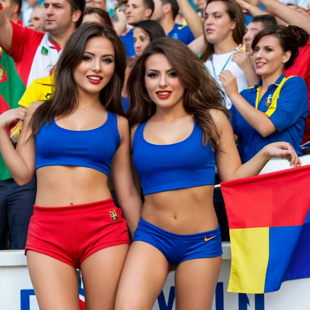 two beautiful woman Supporter of the portugal and romania national football team, cheer for their beloved team , photo style sport news , full body style
