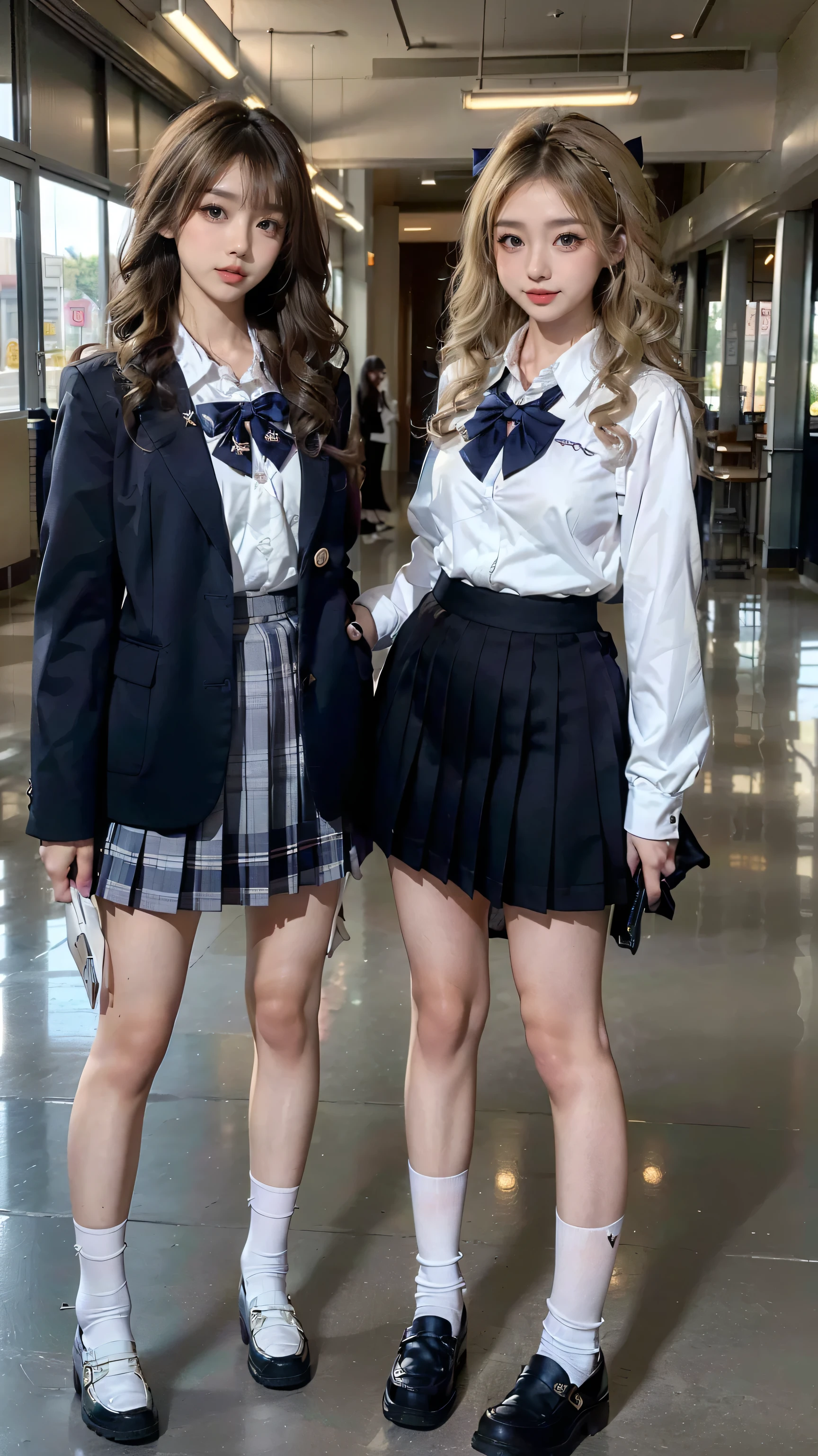 (scene; (Two women:1.8)), gal, (Two high school girls), (Shopping mall, Shopping Street, street, Outdoor), (Full body portrait, Photograph the whole body, Are standing, Doing sexy poses), (Tall, Thin thighs, Elongated arms and legs, Small waist, Small Ass), ((Highly detailed skin), Beautiful realistic face, White skin, Pointed Chest, Perfect ???????, Realistic eyes, Natural eyes, Brown eyes, Accurate eye focus, Accurate limbs), (hyper realist, Ultra-realistic, 4K, Attention to detail, Ultra-high resolution, Highest quality, masterpiece, Presence, dynamic, Uplifting, bold, Sharpness), (Big Breasts:1.5), (Cleavage:1.5), (Blonde long hair:1.5, loose wavy long hair:1.5, Loose curly hair:1.5), (sleek bangs), (Twin tail hair), ((White collared shirt, Navy pleated mini skirt, Navy colored socks, Black loafers, Ribbon tie)), High school girl in uniform, Surreal high school girl, tall, High school girls in uniform, smile, Emphasis on cleavage, (Are standingTwo high school girls:1.8),