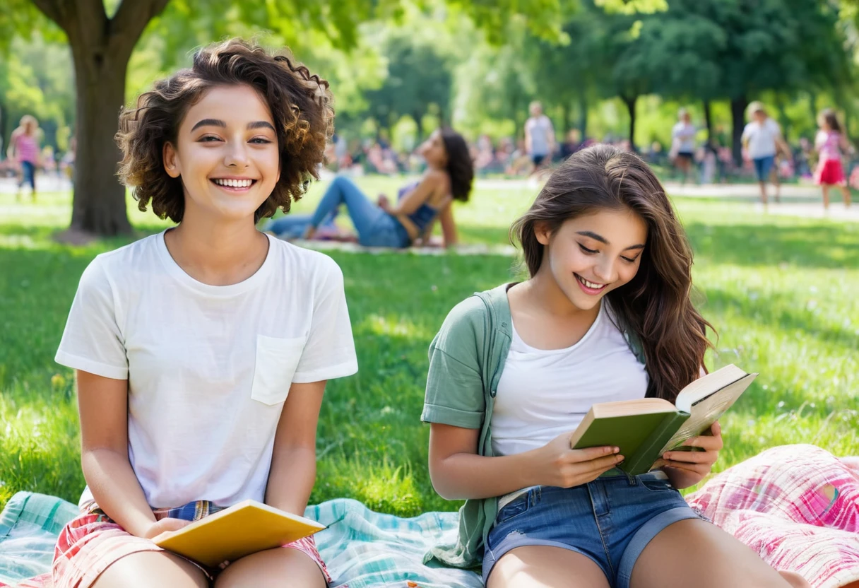 italy. Generate a highly realistic image of two italian teenage girls and a young italian girl lounging in a sunny park. The two teenage girls, around 12years old (small little breasts), and the young girl, about 8 years old (flat chest), are relaxing on a grassy area. All three are dressed in casual summer outfits: mini shorts and light tops. One teenage girl is leaning back on her elbows, legs stretched out in front, with a carefree smile as she chats with the other girl. The second teenager is sitting cross-legged, perhaps with a book or smartphone in hand, her expression relaxed and engaged. The young girl is lying on her stomach, propped up on her elbows, drawing or playing with a small toy, looking content. The park is lush and green, with scattered patches of shade from nearby trees. The background features a picturesque blend of trees, flowers, and a hint of a playground or walking path, populated with a few other park-goers in the distance. The scene captures the warmth of a sunny day, with natural light highlighting the vibrant colors of their clothing and the greenery around them. Include subtle details such as a picnic blanket partially under them, a water bottle, and perhaps a few snacks scattered casually. Their interactions should convey a sense of companionship and relaxation, fitting the peaceful and lively park setting. 
