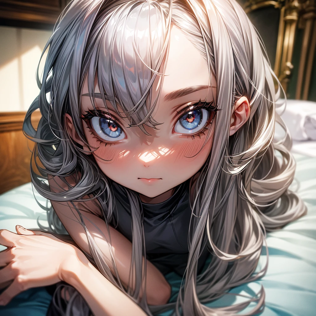((best quality)), ((masterpiece)), (detailed), 1 Girl,, Silver Hair,Silver pupils,,Barefoot,Slender figure,Slim body,9 years old,Bangs,Slightly curly long hair,bedroom,beautiful girl,Beautiful face,Oval face,big eyes,Light makeup,Minors