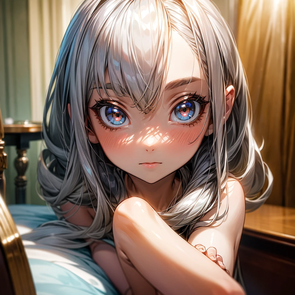(masterpiece, best quality, absurdres), high quality, highres, ultra detailed, intricate, cinematic lighting, wallpaper, soft lighting, night, night light, close-up, looking at viewer, beautiful woman, 1girl, parted lips, Firefly honkai starrail, firefly HSR, small breasts, grey hair, black bow, hair bow, long stright hair, detailed gradient eyes color, gradient blue and red color eyes, ((Super Realistic Detailed Eyes, glowing eyes)), in bedroom, sitting on the bed, wearing a white nightgown, white nightgown, nightgown, focus on face