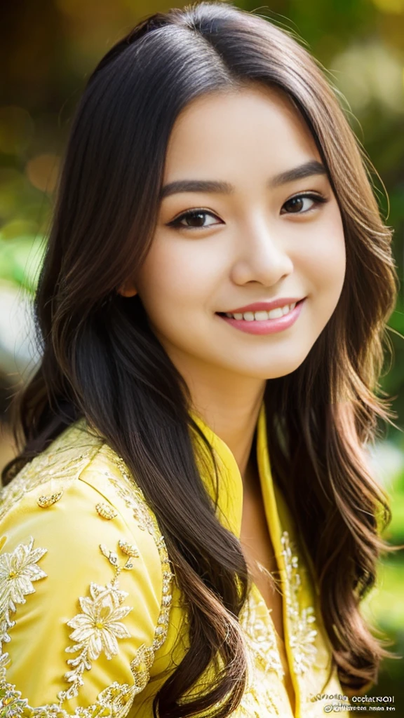 Indonesian girl, 18 years old, (masterpiece), Javanese skin tone, best quality, expressive eyes, perfect face, (ultra realistic), (yellow Formal Suit), Smile, Long Black Hair, innocent face, natural wavy hair, brown eyes, High resolution, masterpiece, Best quality, intricate high detail, highly detailed, focus sharp focus, detailed skin, realistic skin texture, texture, detailed eyes, professional, 4K, charming smile, filmed on Canon, 85 mm, shallow depth of field, Kodak Vision Color, perfect fit body, Extremely detailed, photograph_\(ultra\ ), photoreallistic, Realstic, Post-processing, Maximum details, roughness, real life, ultra realist, photorealism, photography, 8K UHD, photography