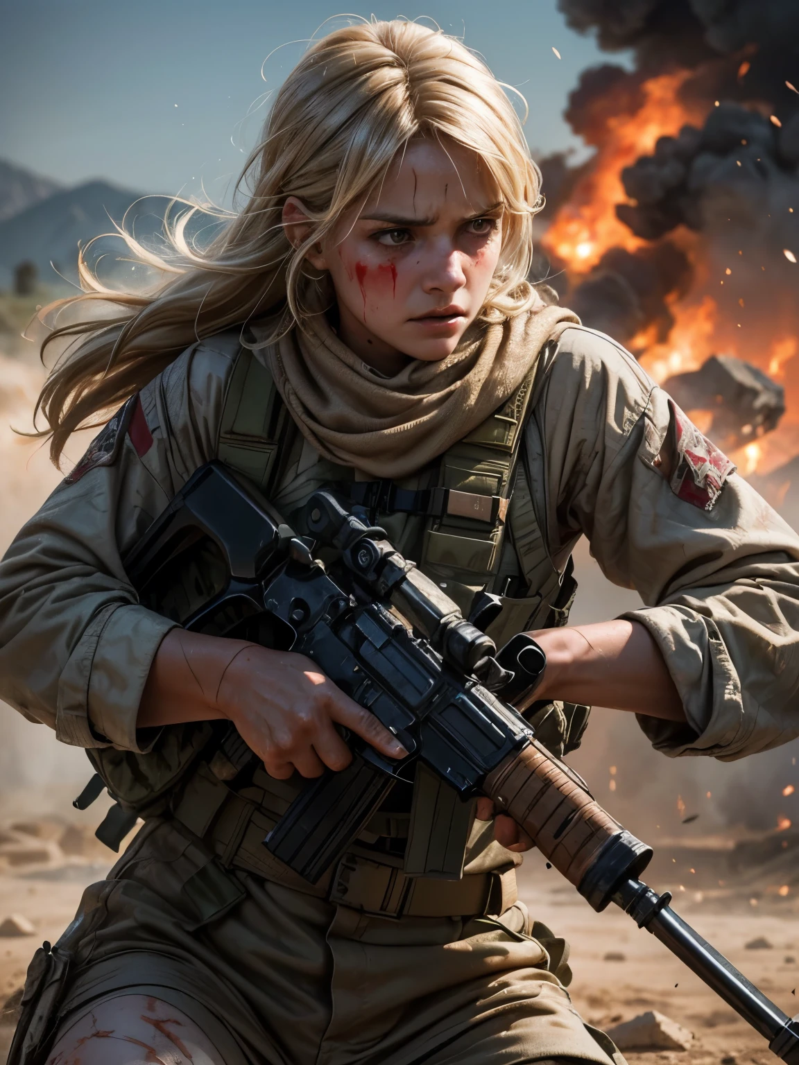 Helen Skelton, Vietnam War era, close-up action shot from ground level, ????? US soldier, tattoos, frowning, sweating, damp blonde hair, bloodied and bruised, sunny, holding M16, on a bloody battlefield, explosion, fires