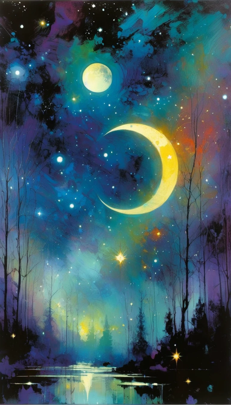 magic, fantastic, night sky, moon, stars, background, (art inspired in Bill Sienkiewicz). oil painting)