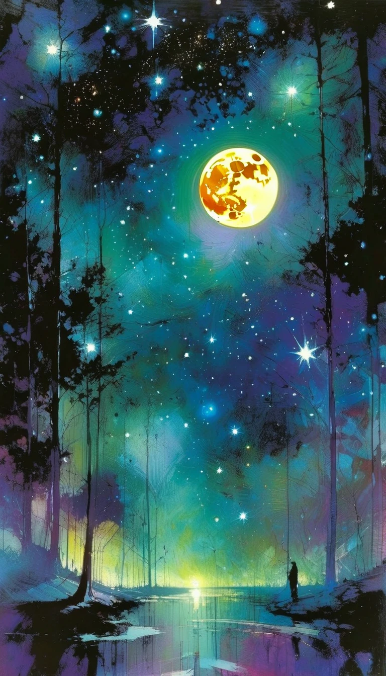 magic, fantastic, night sky, moon, stars, background, (art inspired in Bill Sienkiewicz). oil painting)