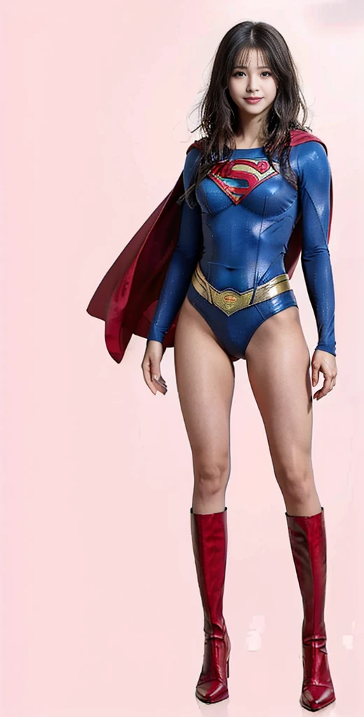 No background、(((Beautiful legs in black tights.)))、(((Legally express the beauty of your smile)))、((((Make the most of your original images)))、(((Supergirl Costume)))、(((Beautiful very short hair)))、(((suffering)))、(((Please wear black tights....、Wear red boots)))、((Best image quality、8K))、((Highest quality、8K、masterpiece:1.3))、(((Preserve background )))、Sharp focus:1.2、Beautiful woman with perfect figure:1.4、Slim Abs:1.2、Wet body:1.5、Highly detailed face and skin texture、8K